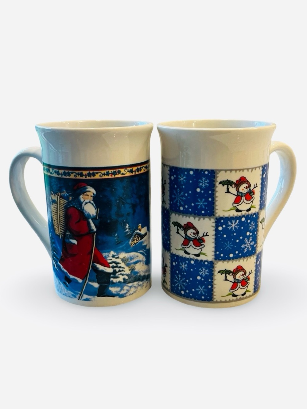 Royal Norfolk Christmas Mug Set Blue Santa Claus Snowman Quilt Coffee Cups